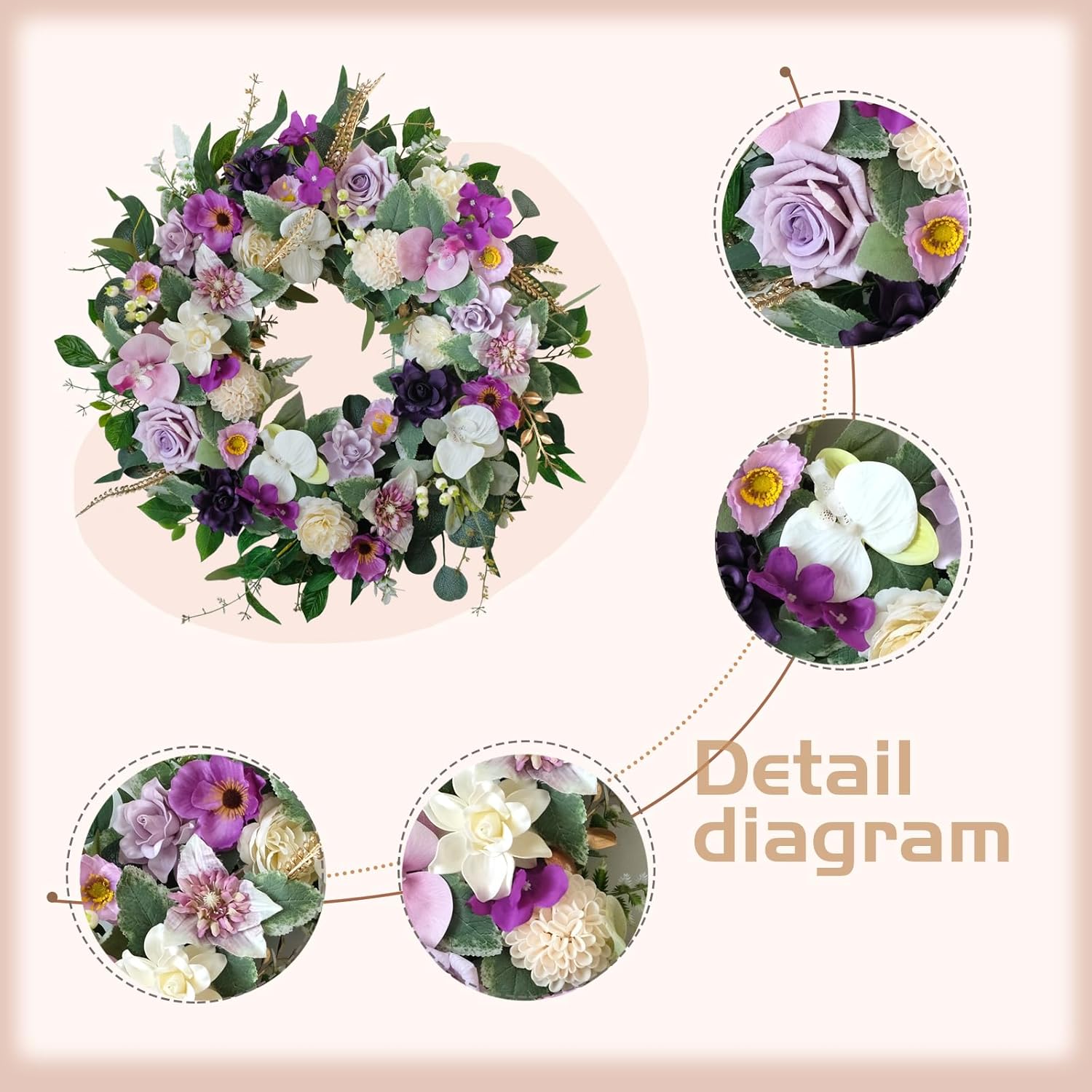 22 Inch Artificial Flower Wreath with Roses Orchid Gardenia Dahlia