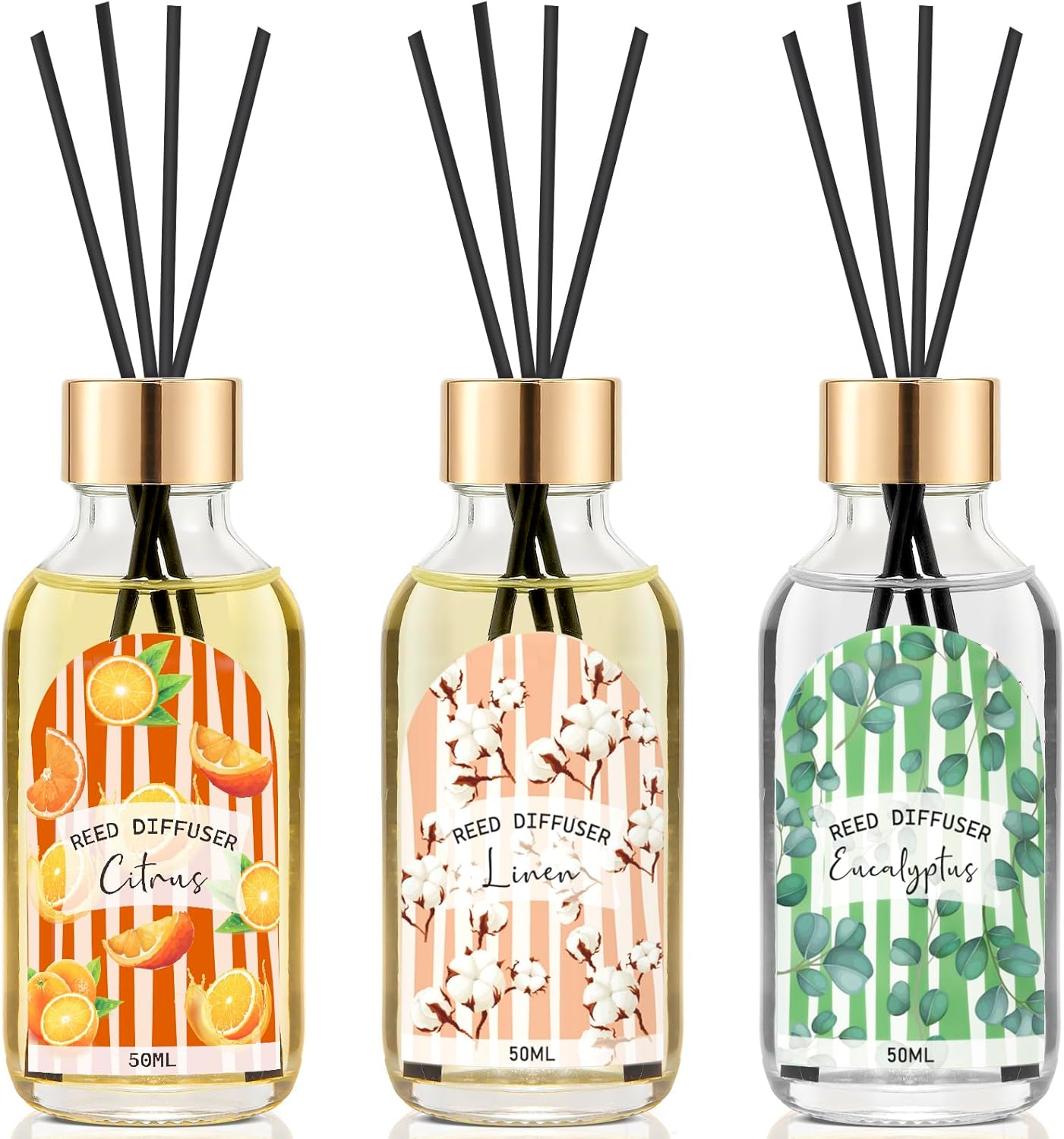 3 Pack Reed Diffuser Set with Linen Eucalyptus Citrus Scent