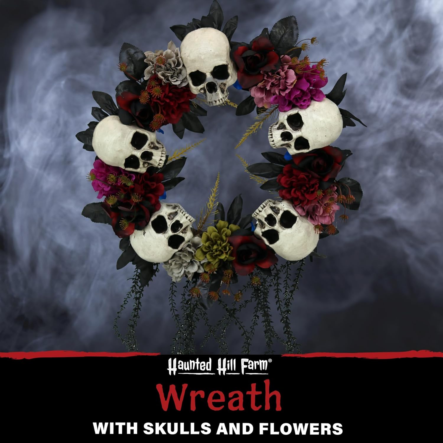 Haunted Hill Farm 24-Inch Halloween Wreath with Skulls and Vines