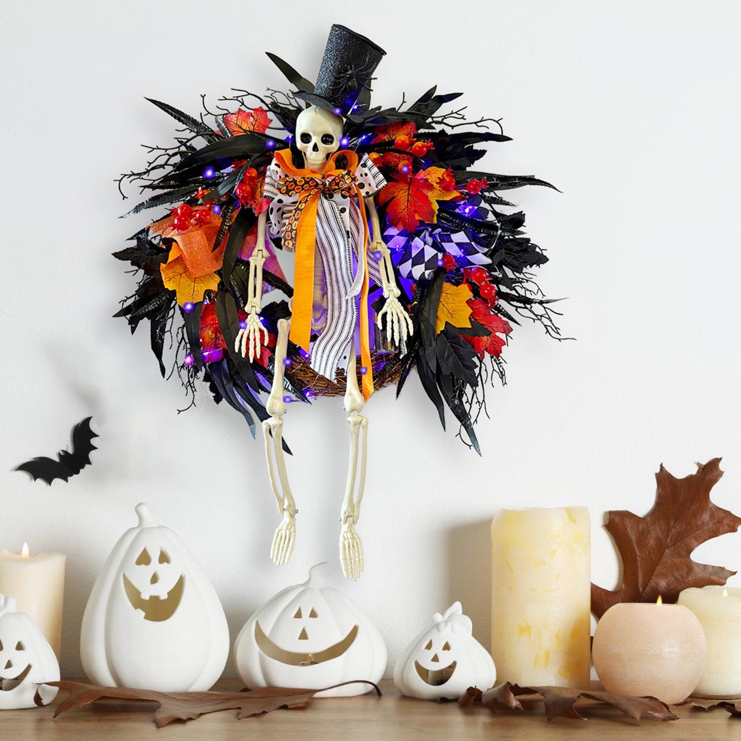 Gothic Skeleton Wreath with Lights 28 Inch Halloween Decor
