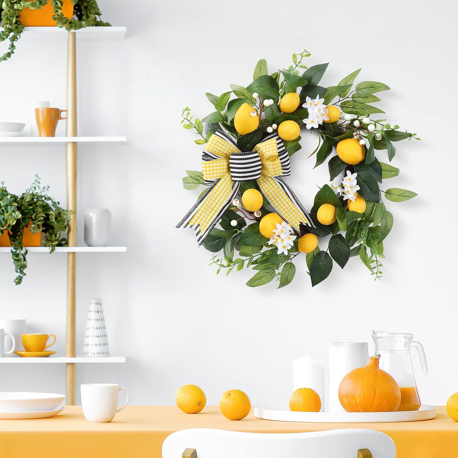 20 Inch Spring Summer Lemon Wreath with Daisy Bow and Eucalyptus