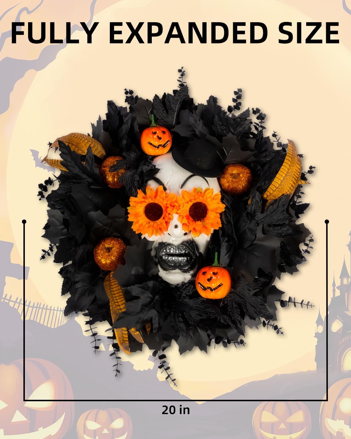 Halloween Wreath with Skull 20 Inch Black Maple Leaves Decor