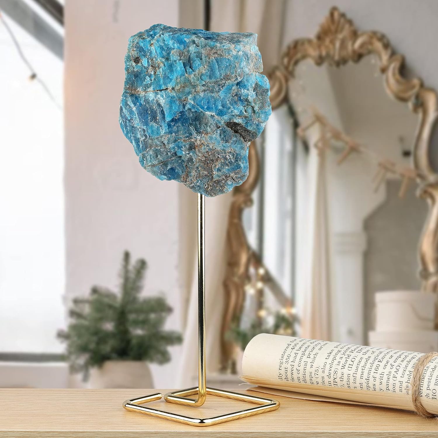 Natural Blue Apatite Raw Stone with Stainless Stand Decor Display