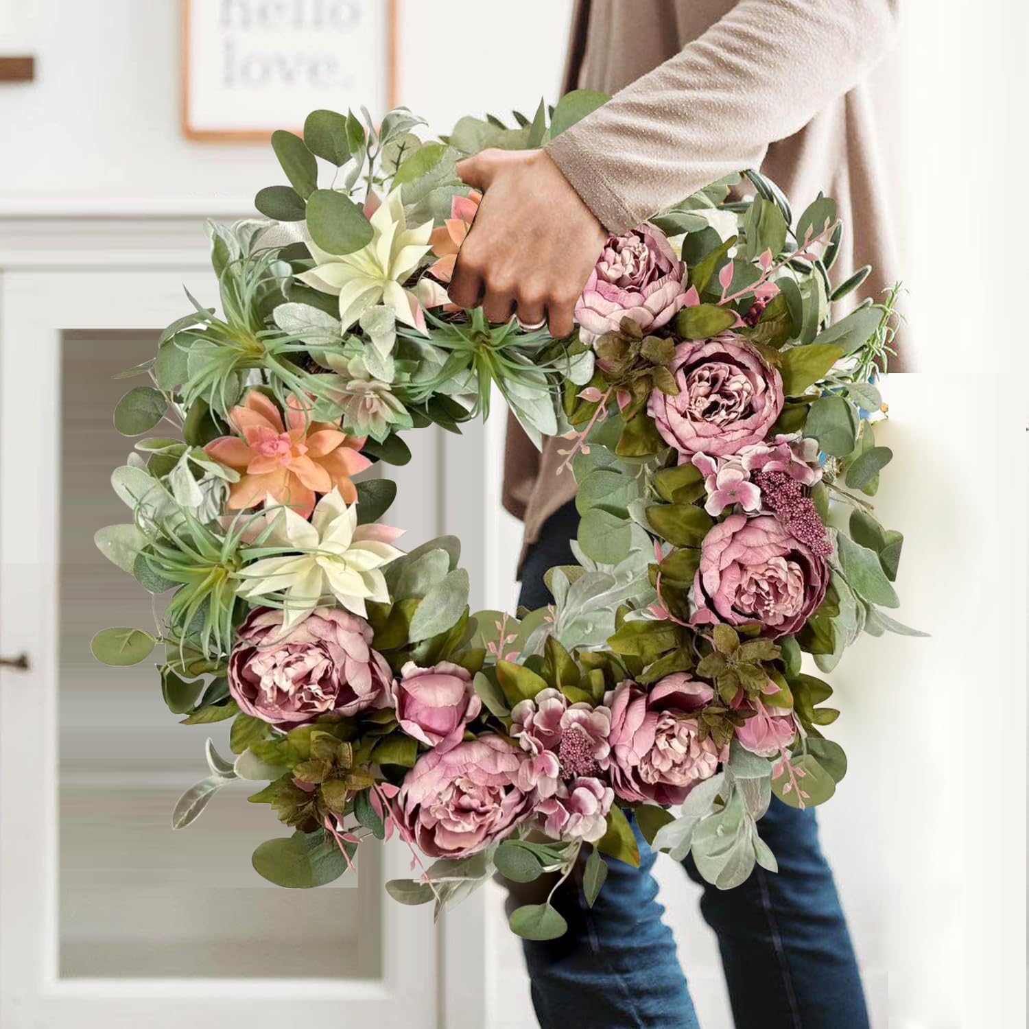 WANNA-CUL 24 Inch Spring Peony Wreath for Front Door