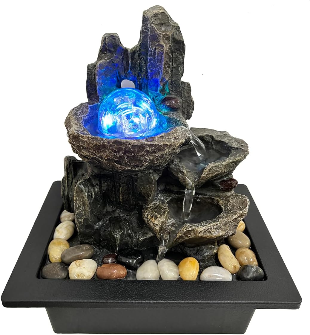 Indoor Rotating Water Fountain with LED Lights and River Rocks