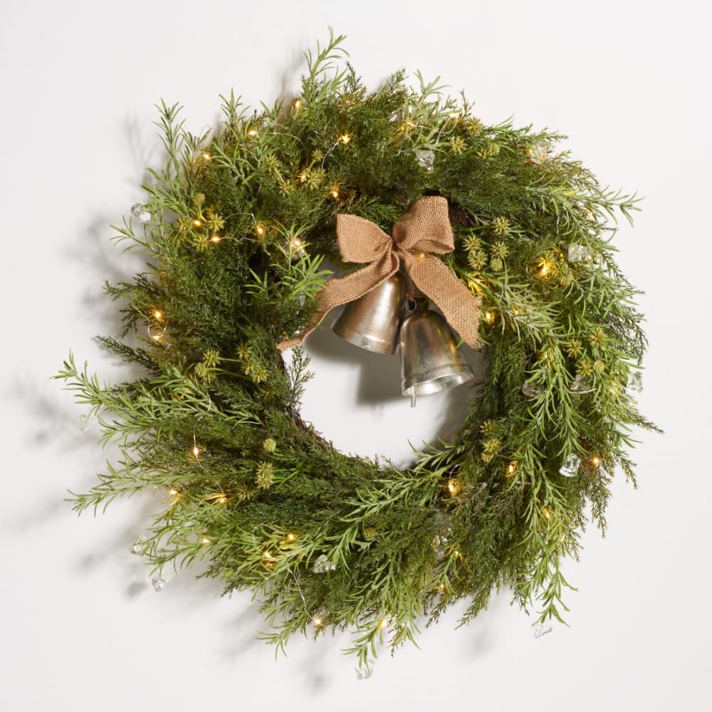 SAFAVIEH 22-inch Artificial Pine Wreath with Gold Bells and LED Lights