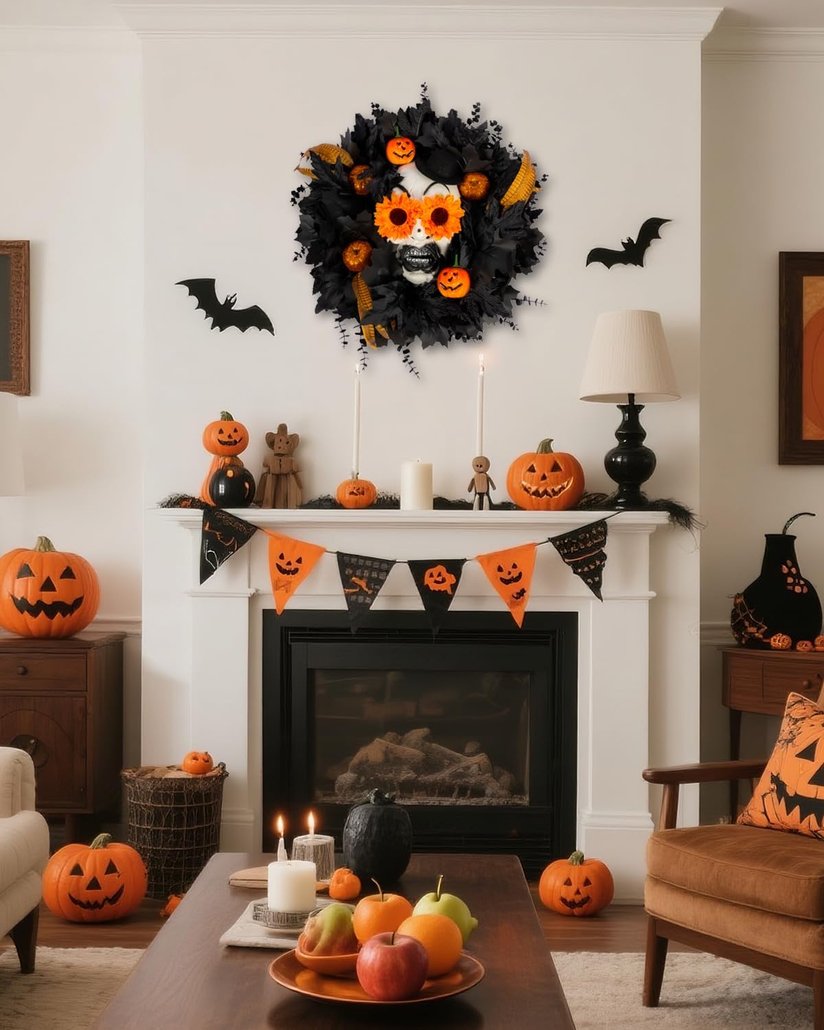 Halloween Wreath with Skull 20 Inch Black Maple Leaves Decor