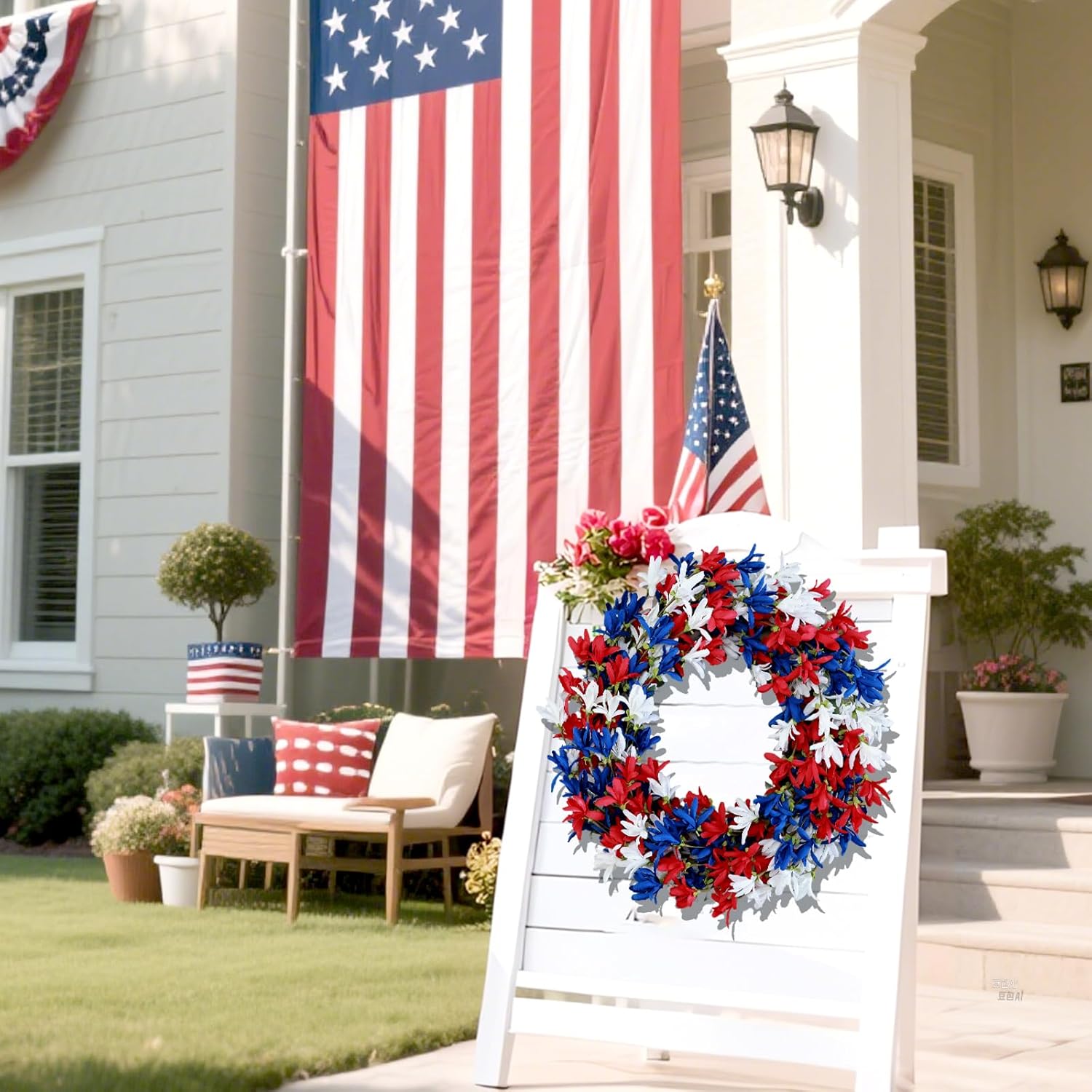 4th of July Wreath with Red White Blue Flowers