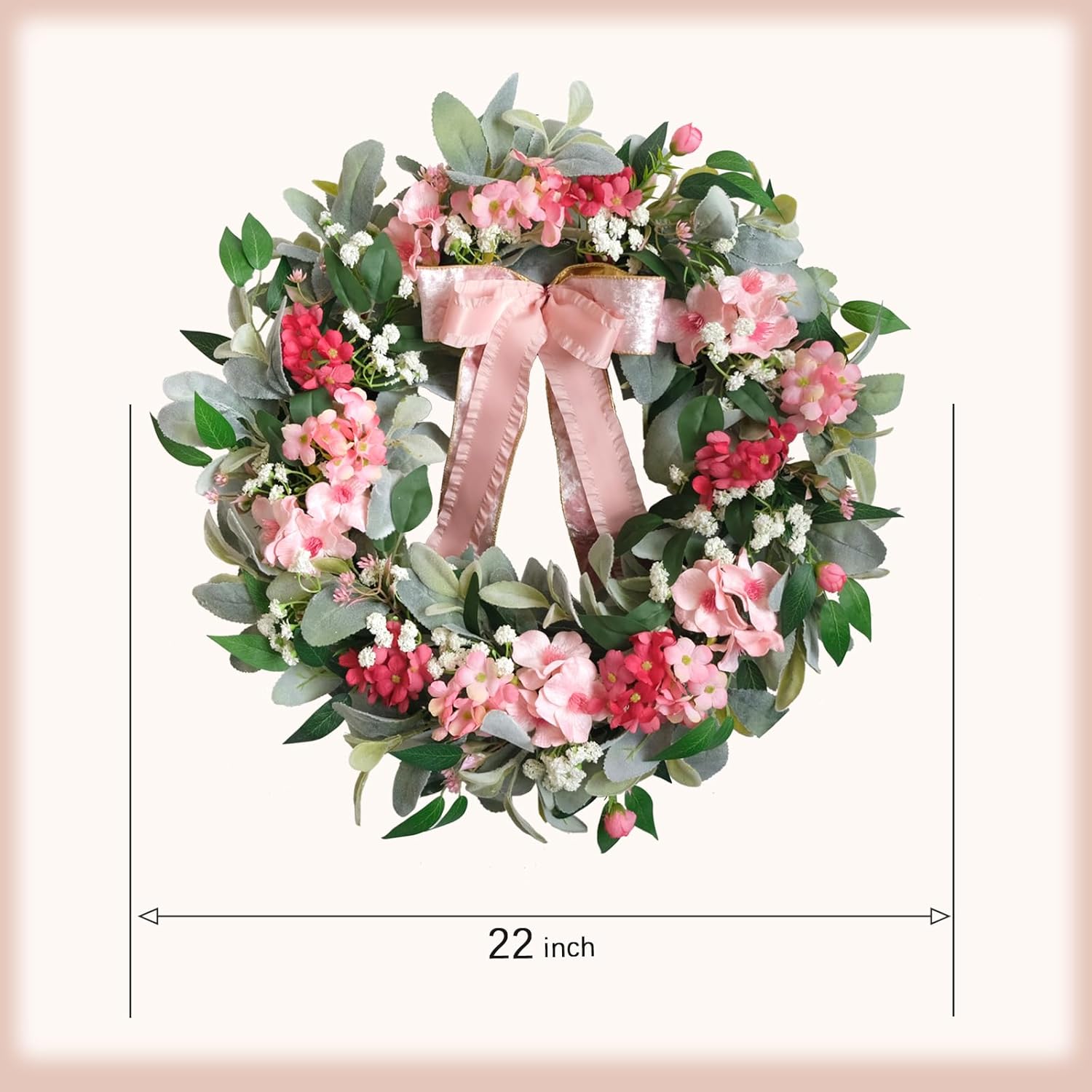 22 Inch Summer Wreath with Hydrangea and Lambs Leaves