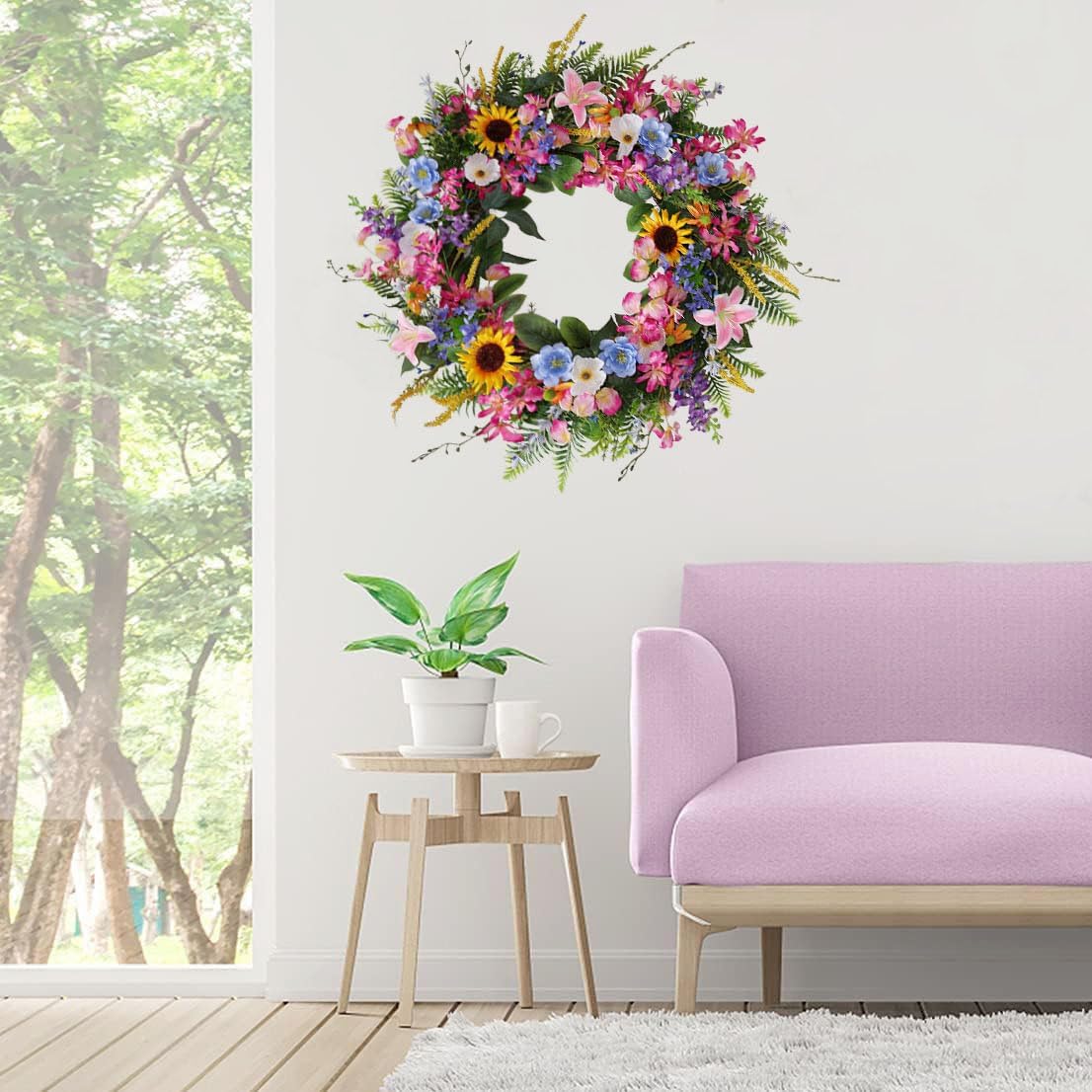 Elegant 24-26 Inch Floral Wreath with Sunflowers and Lily
