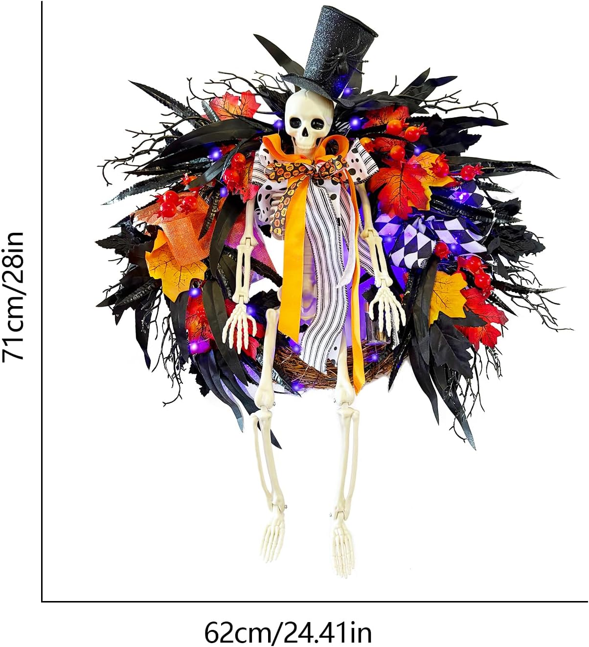 Gothic Skeleton Wreath with Lights 28 Inch Halloween Decor