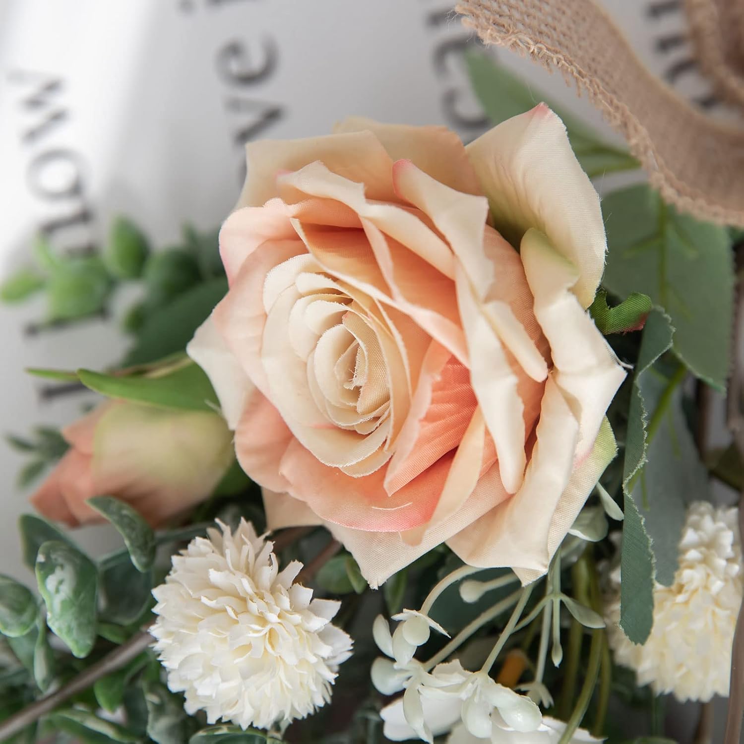 15 Inch Artificial Floral Swag Wreath with Eucalyptus and Burlap Bow