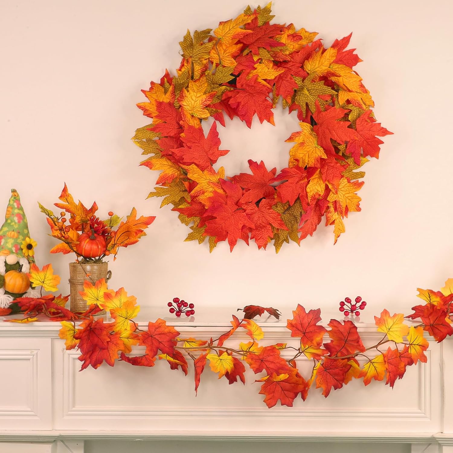 26 Inch Foldable Fall Wreath with Lights and Timer