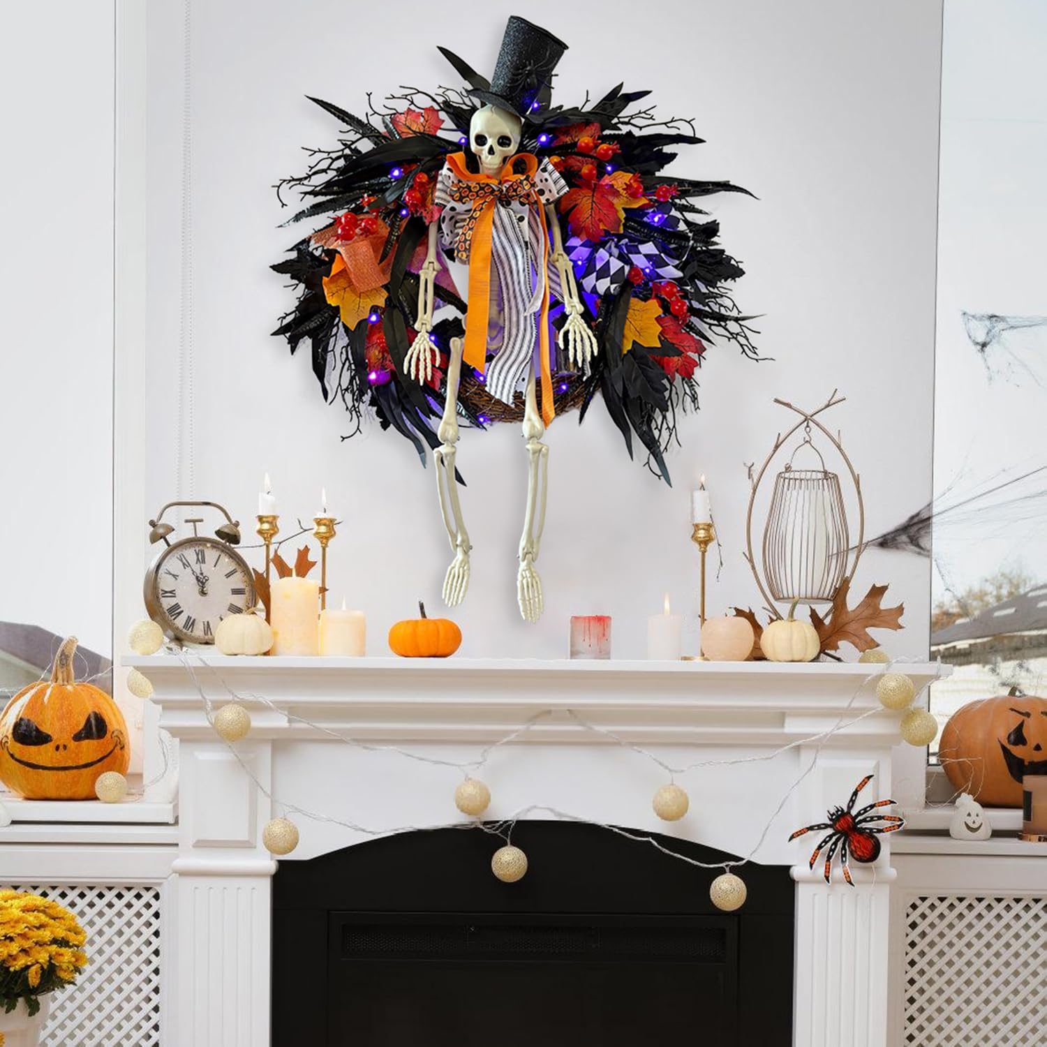 Gothic Skeleton Wreath with Lights 28 Inch Halloween Decor
