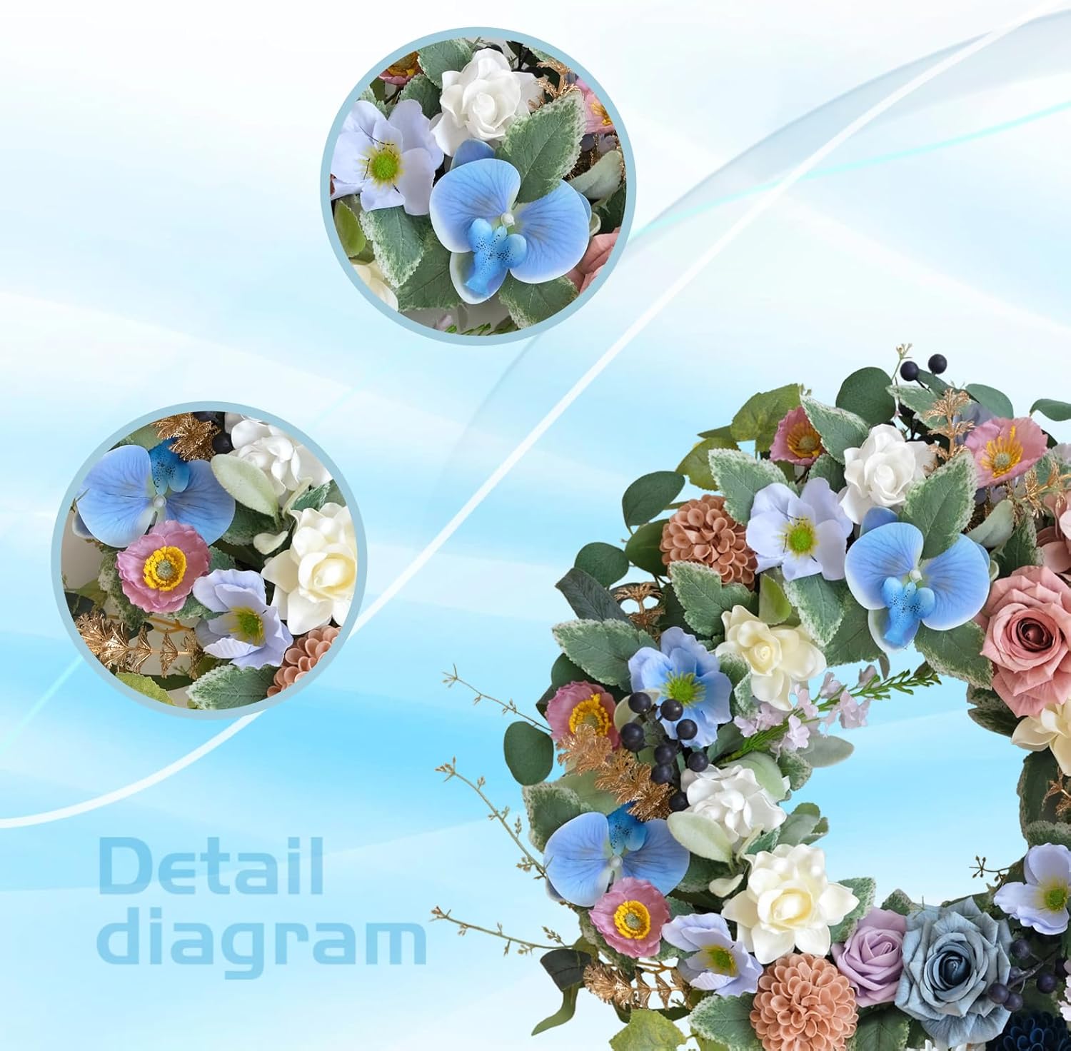 22 Inch Blue Phalaenopsis Wreath for Front Door