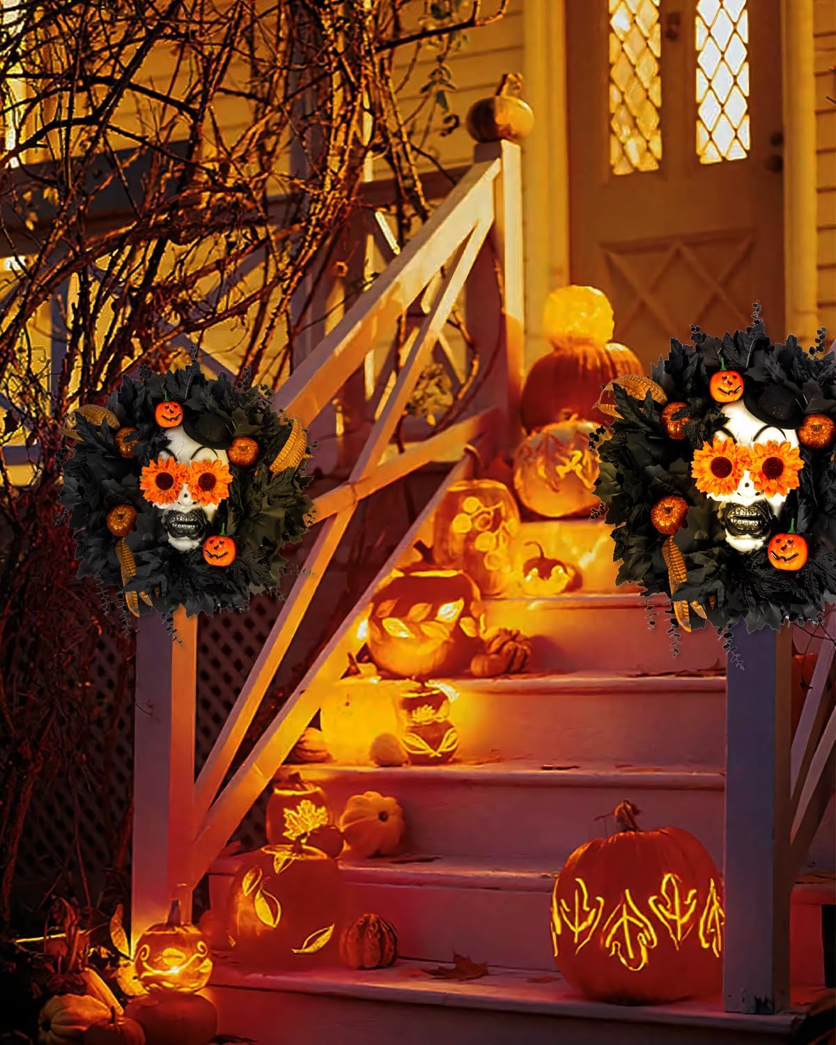 Halloween Wreath with Skull 20 Inch Black Maple Leaves Decor