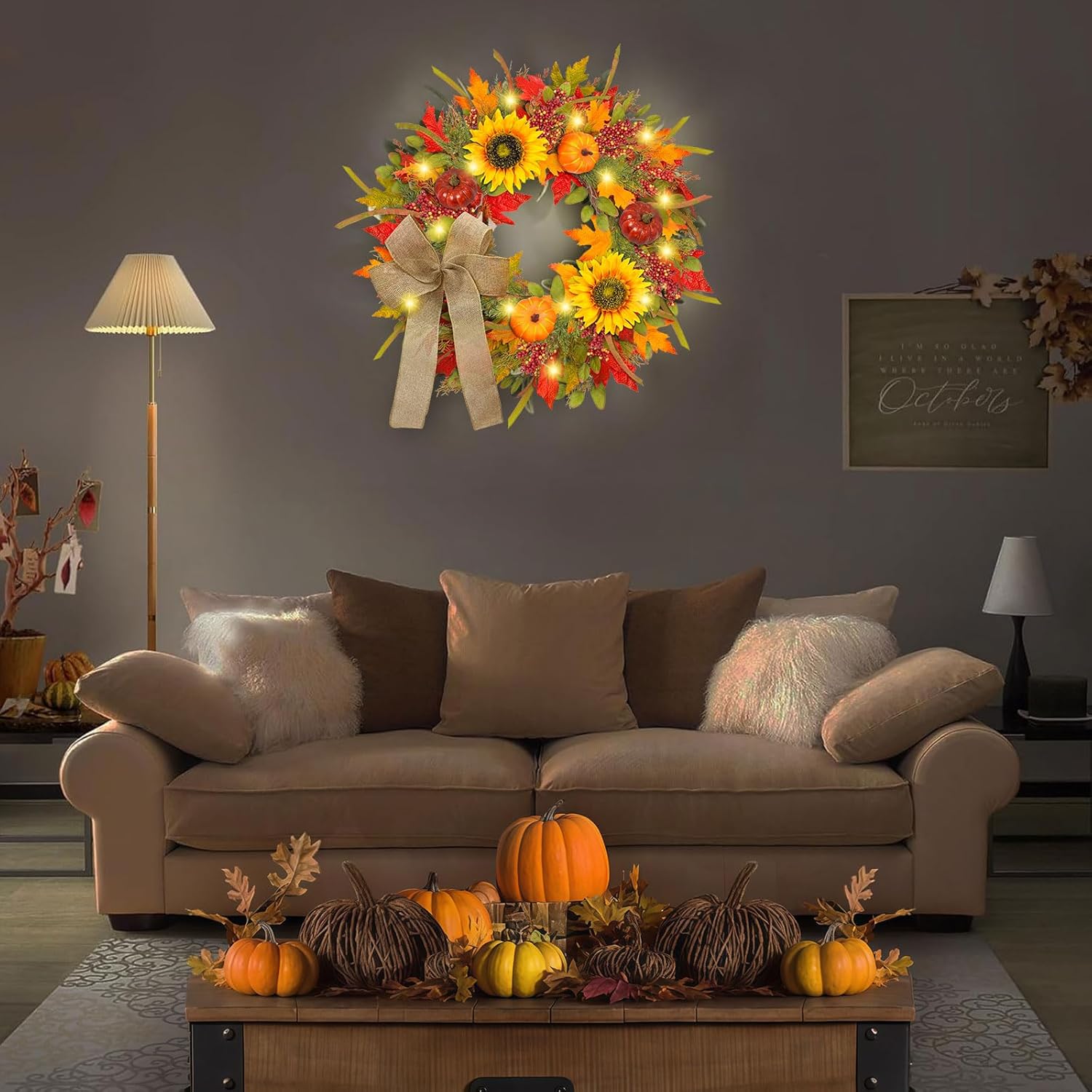 Fall Wreath with Lights and Pumpkins for Front Door