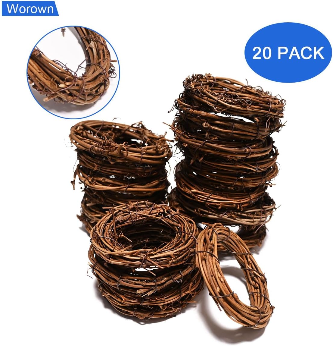 Worown 20 Pcs 3 Inch Natural Grapevine Wreaths Set 1
