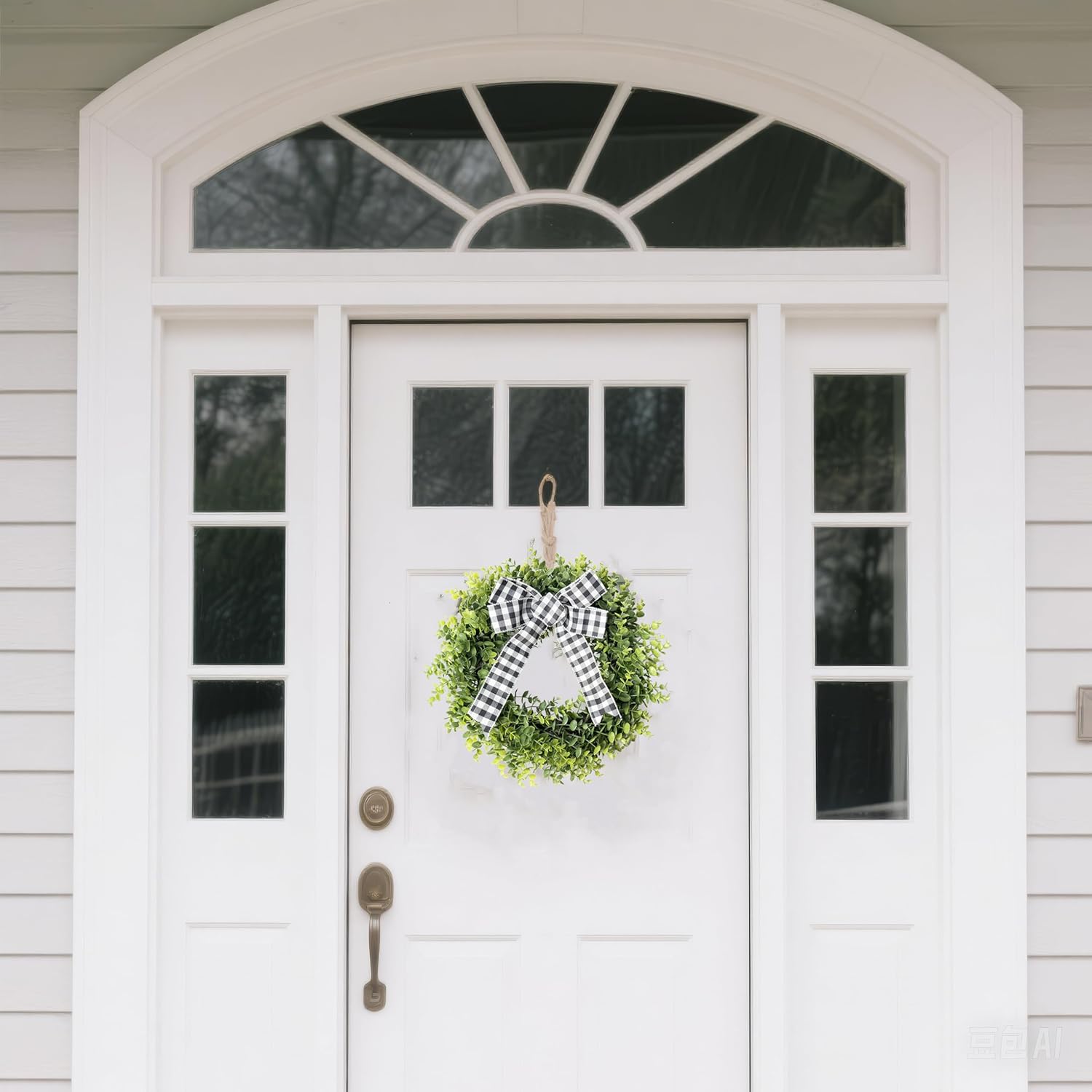 Artificial Green Boxwood Wreath with Buffalo Plaid Bow and LED Lights