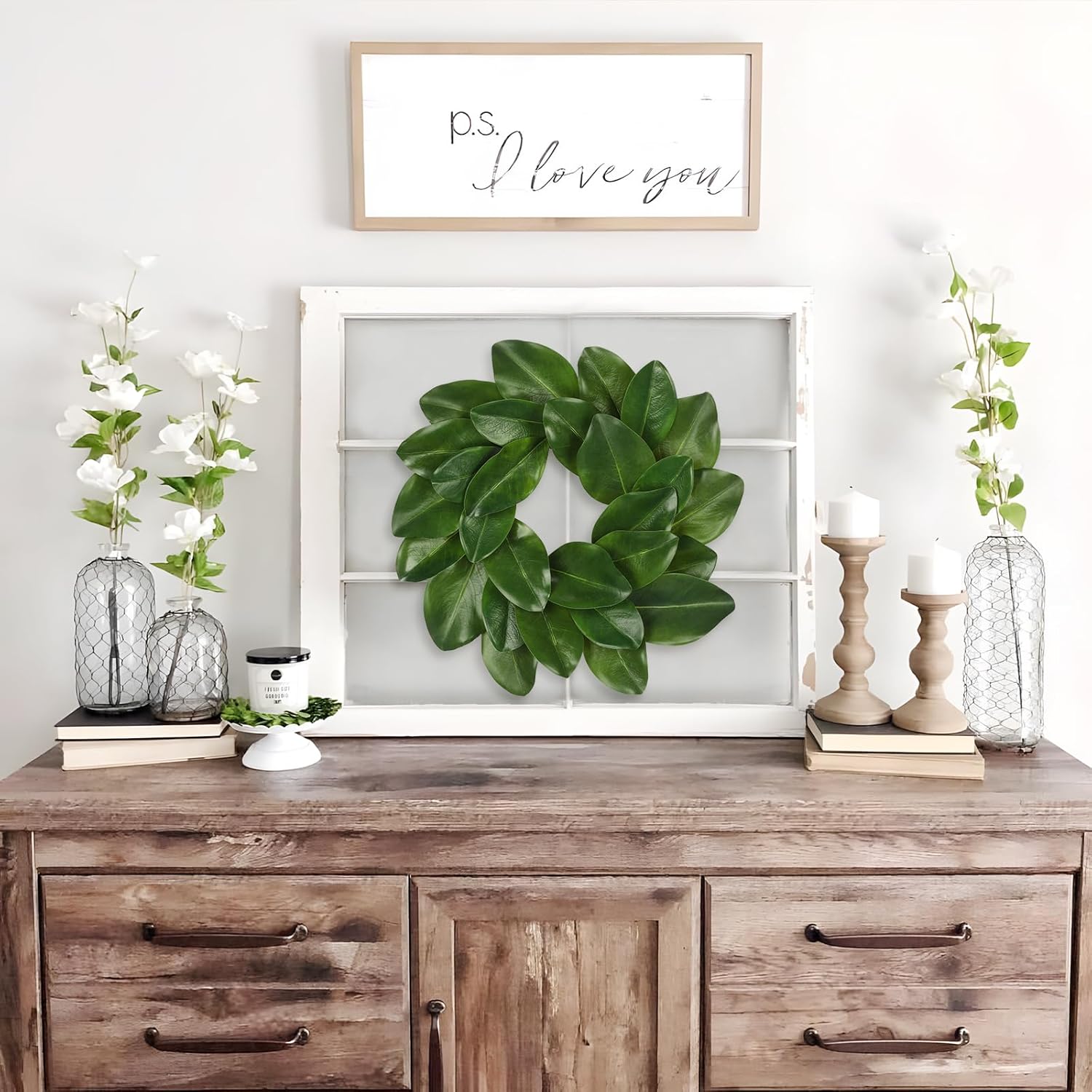 Briful 16in Artificial Magnolia Wreath for Front Door