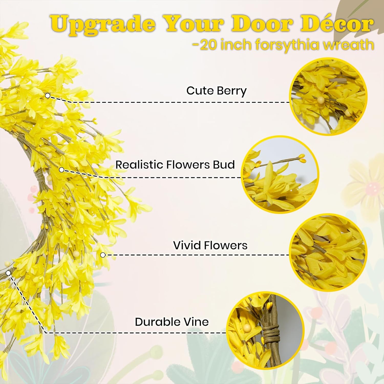 20 Inch Artificial Forsythia Flower Wreath Yellow Decor