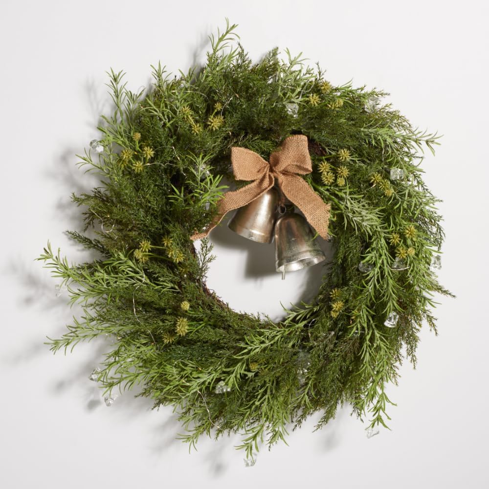 SAFAVIEH 22-inch Artificial Pine Wreath with Gold Bells and LED Lights