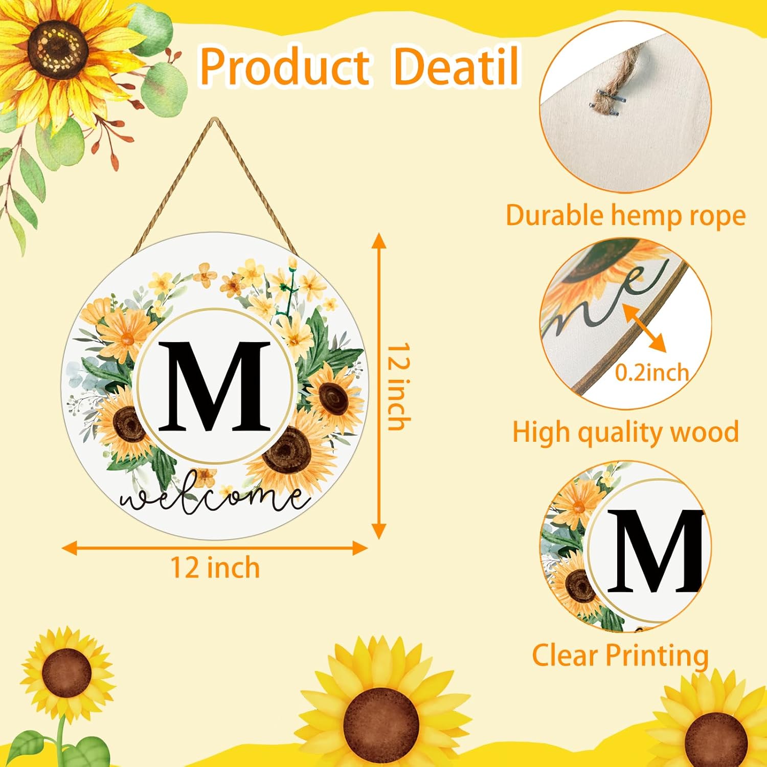 Sunflower Monogram Letter M Wreath for Front Door