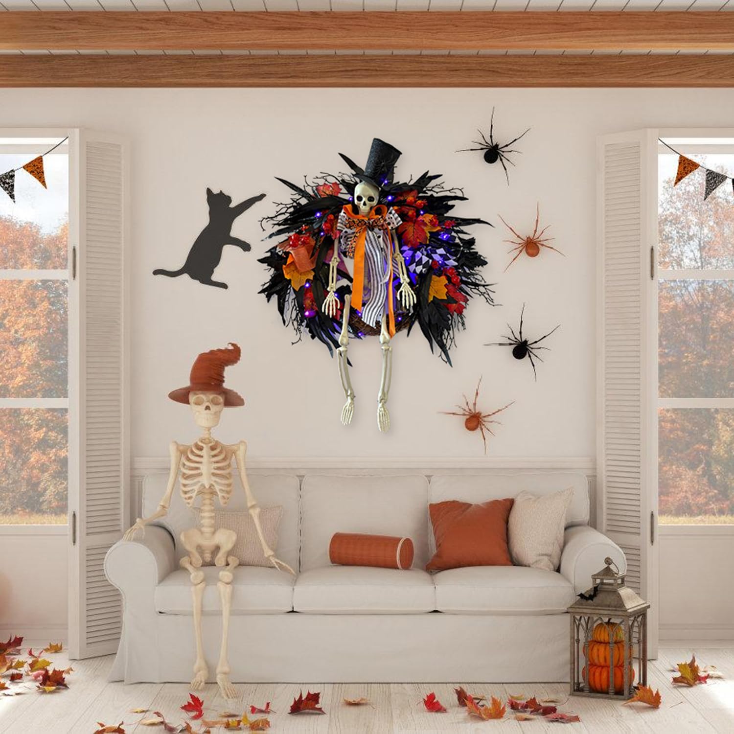 Gothic Skeleton Wreath with Lights 28 Inch Halloween Decor