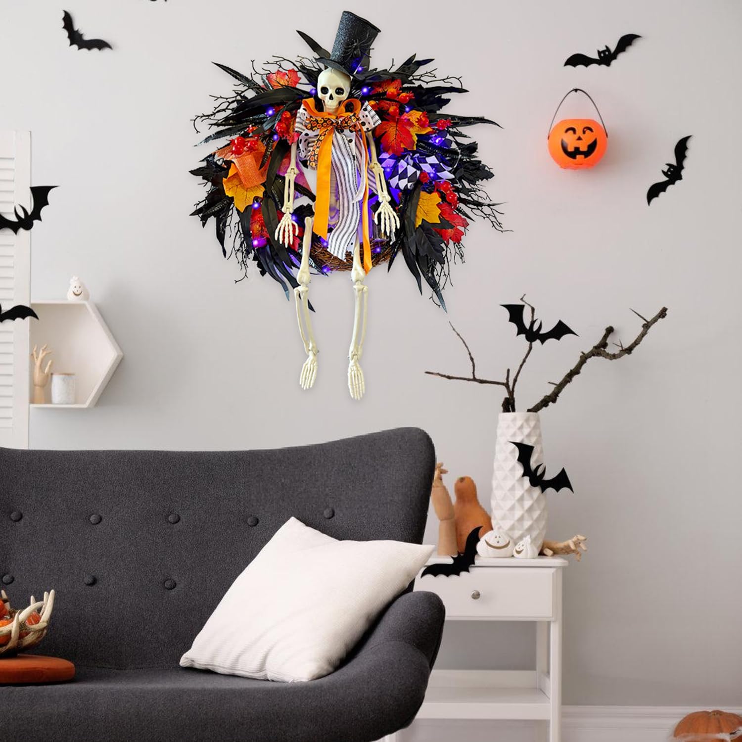 Gothic Skeleton Wreath with Lights 28 Inch Halloween Decor