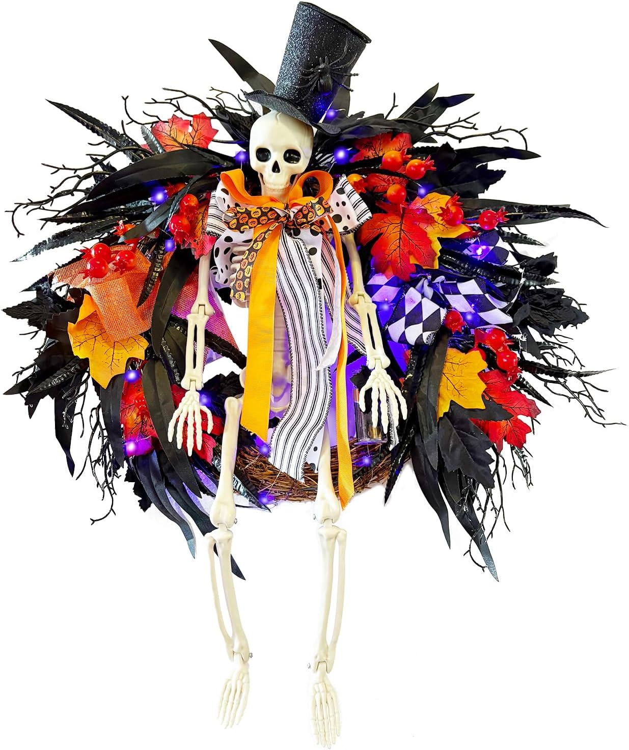 Gothic Skeleton Wreath with Lights 28 Inch Halloween Decor