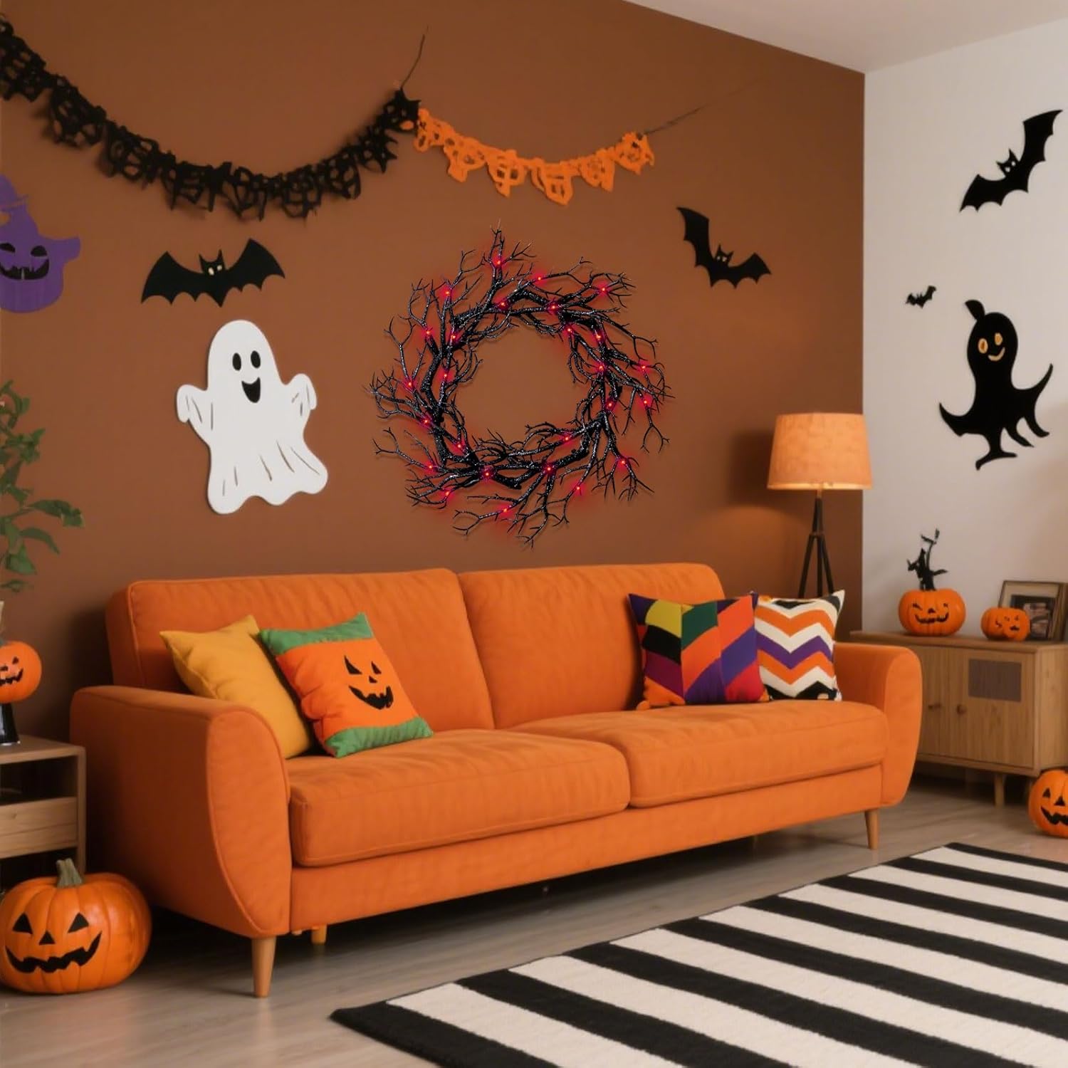 Halloween Black Branch Wreath with Lights