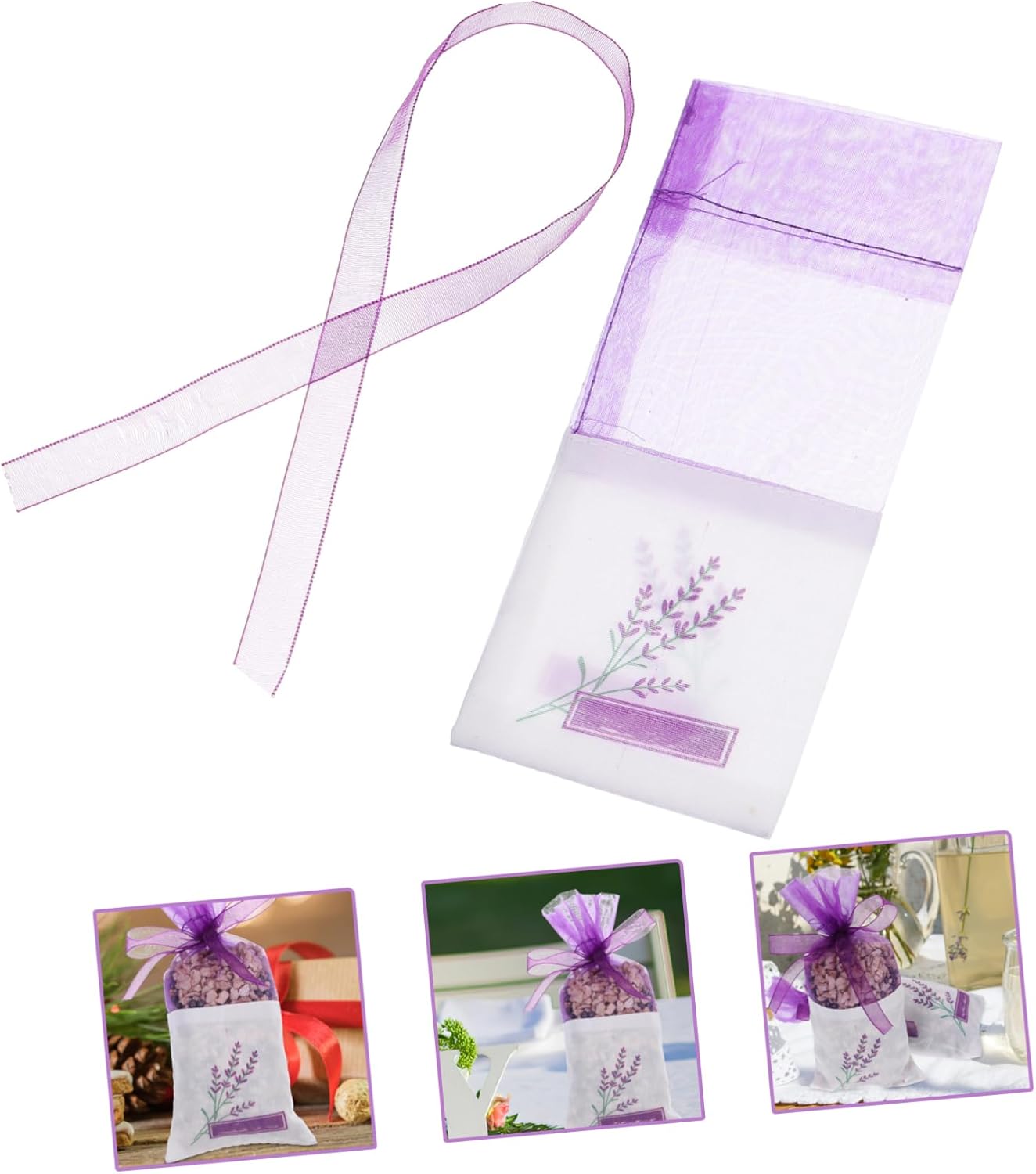 25 Pack Lavender Sachet Bags with Ribbons - Dark Purple Organza