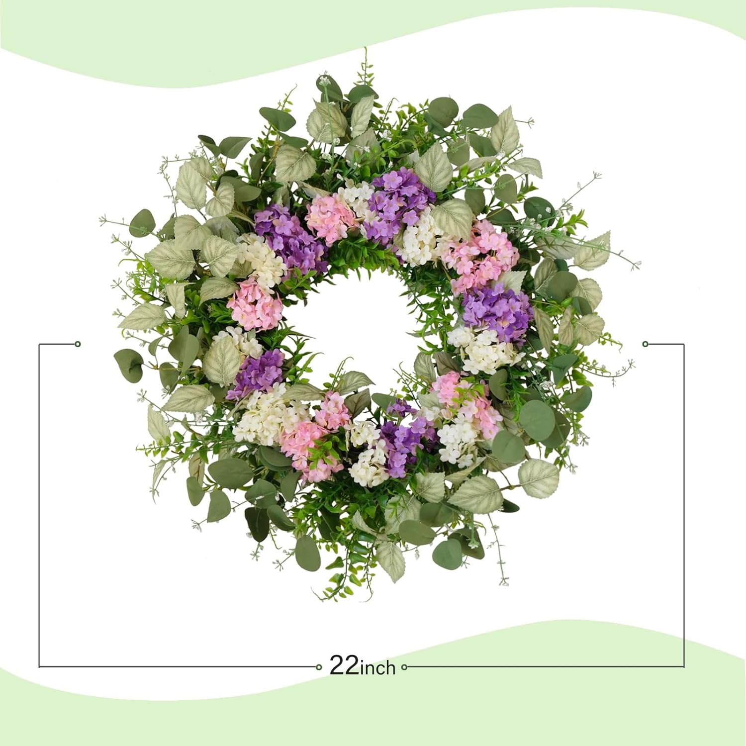 CIR OASES 22 Inch Artificial Hydrangea Wreath with Eucalyptus Leaves