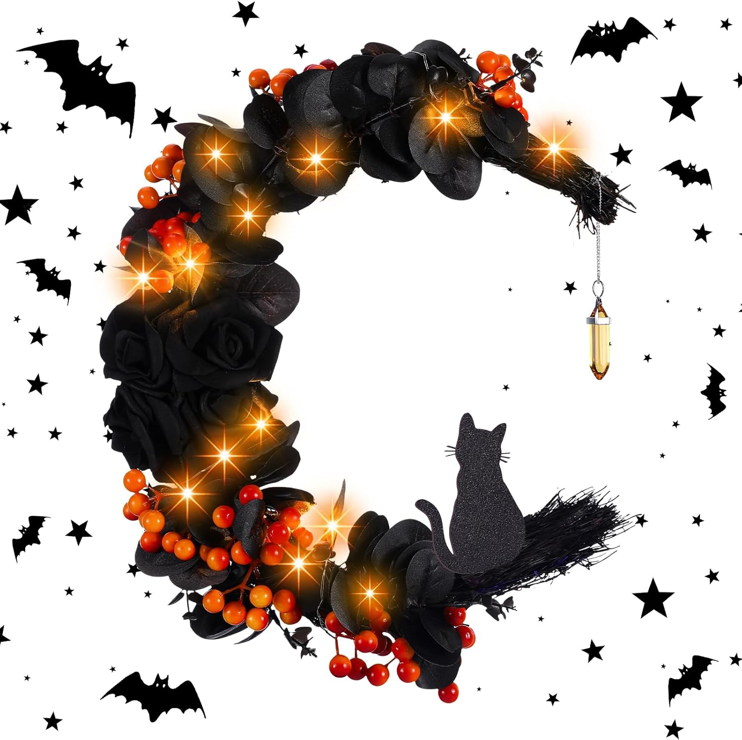 Ceenna Halloween Moon Wreath with Black Roses and Orange Berries