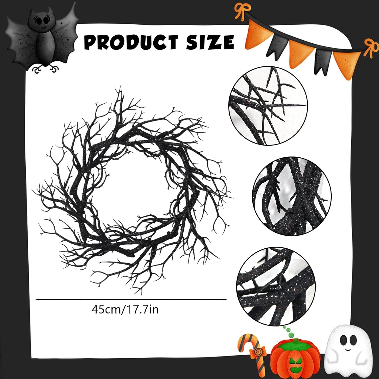Halloween Black Branch Wreath with Lights
