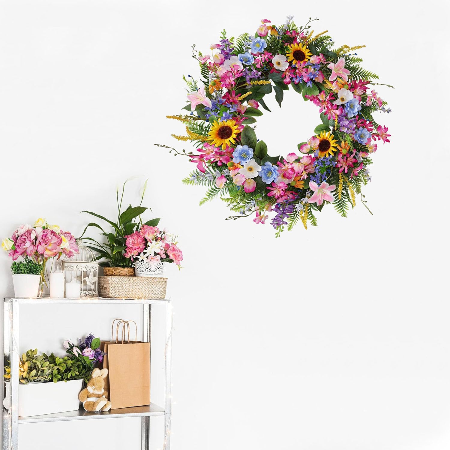 Elegant 24-26 Inch Floral Wreath with Sunflowers and Lily