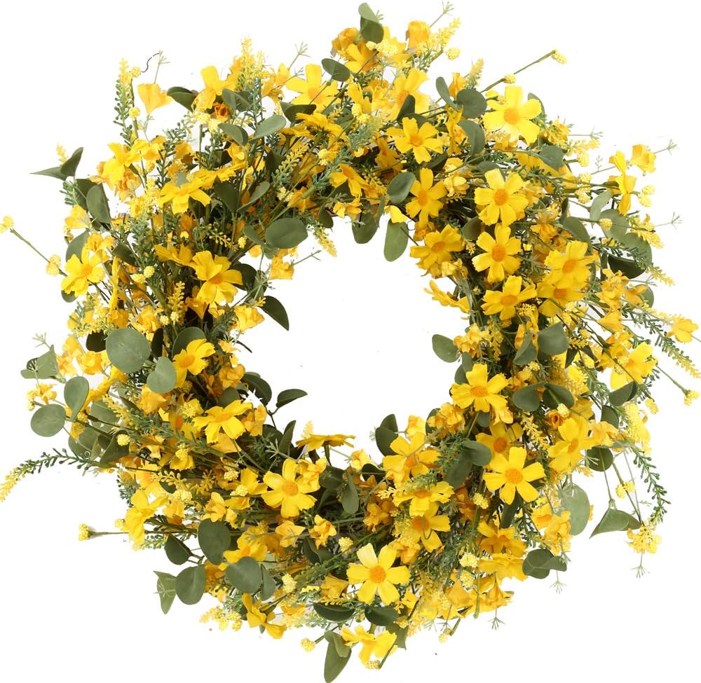 JFLORU 22 Inch Yellow Daisy Spring Wreath for Front Door