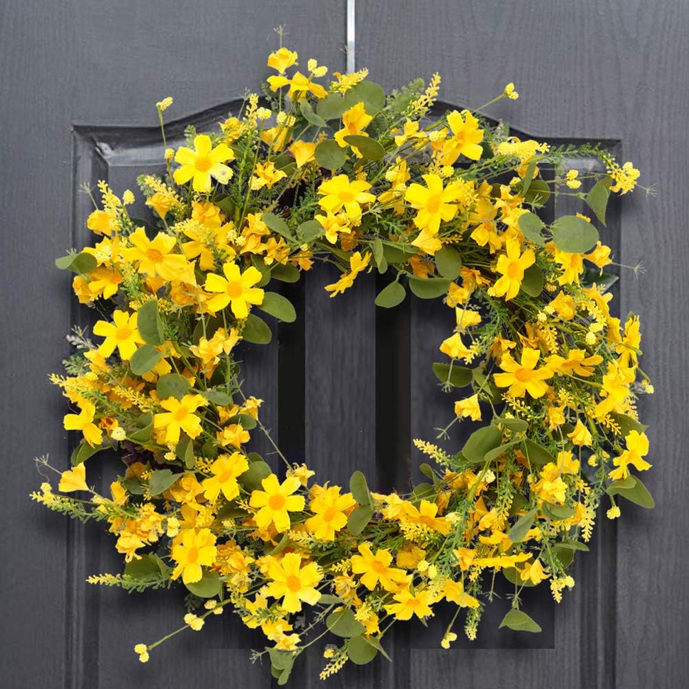 JFLORU 22 Inch Yellow Daisy Spring Wreath for Front Door