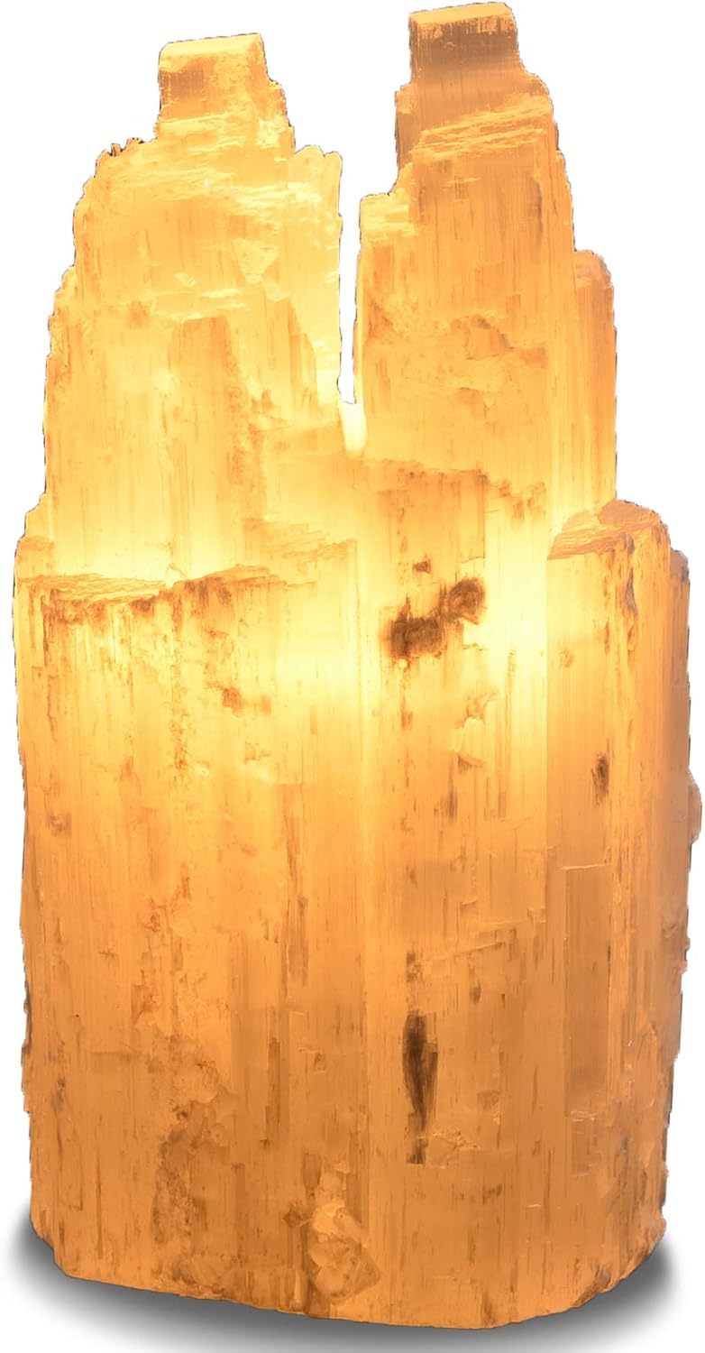 2 Pieces Selenite Double Skyscraper Hand Carved Lamp with Dimmer Switch and Bulb
