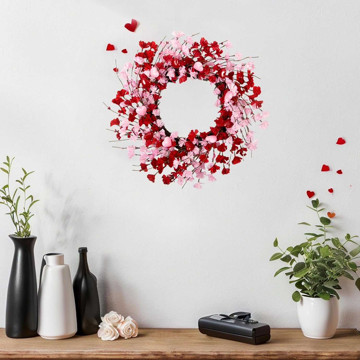 20 Inch Valentine Wreath with Red Berries and Pink Heart Flowers