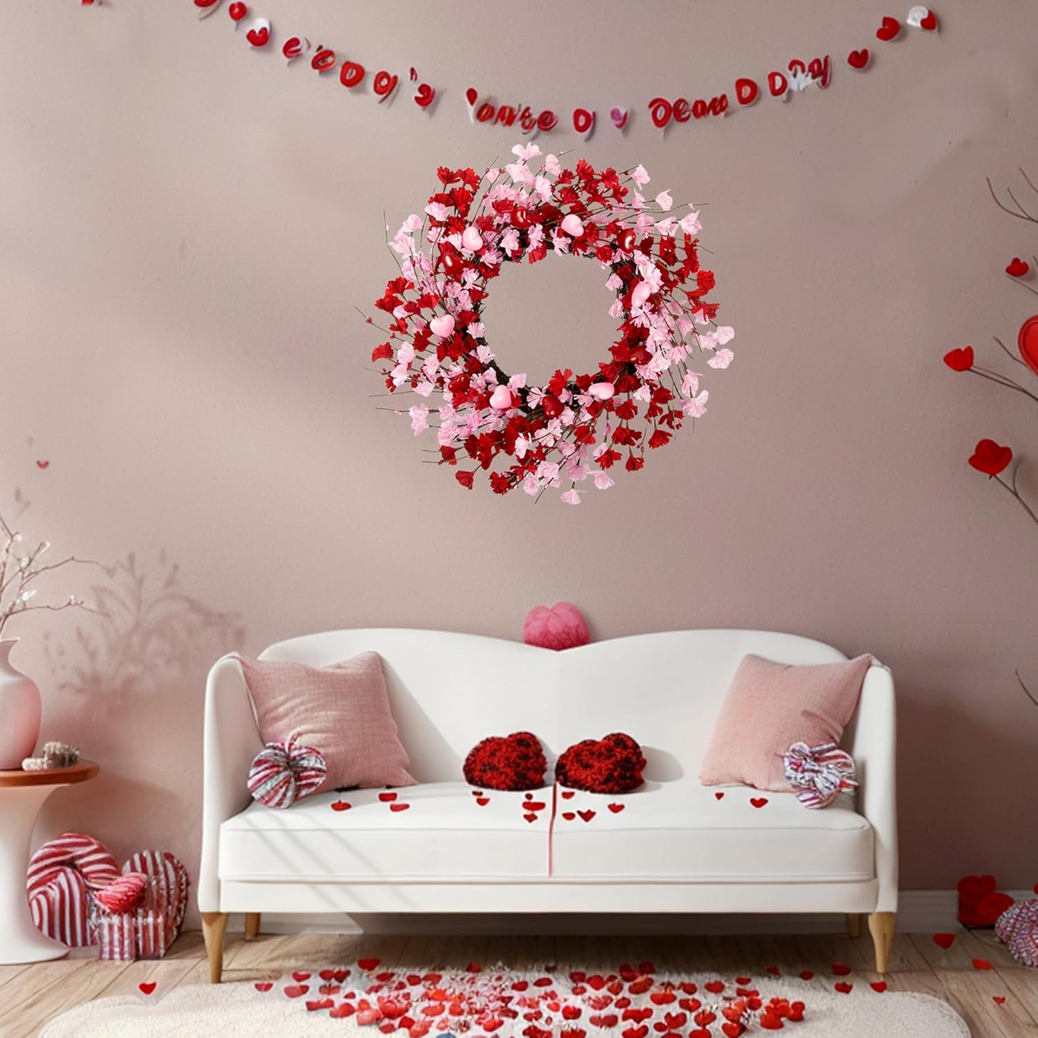 20 Inch Valentine Wreath with Red Berries and Pink Heart Flowers