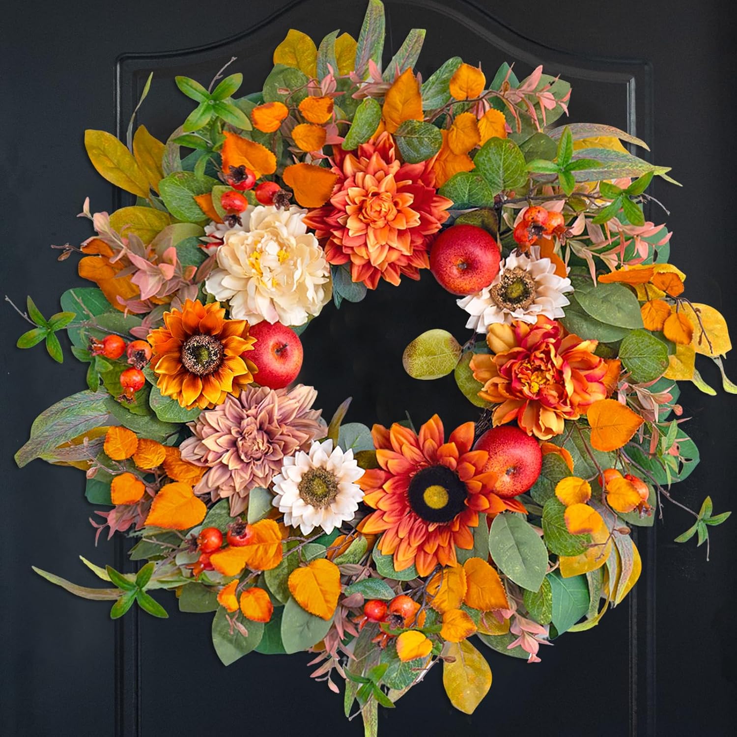 24 Inch Fall Wreath with Artificial Apples Dahlias and Sunflowers