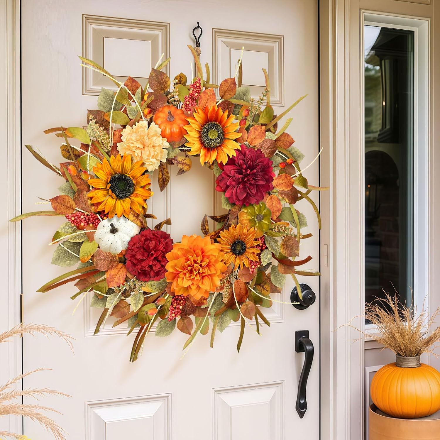 Fall Door Wreath with Sunflowers and Pumpkins