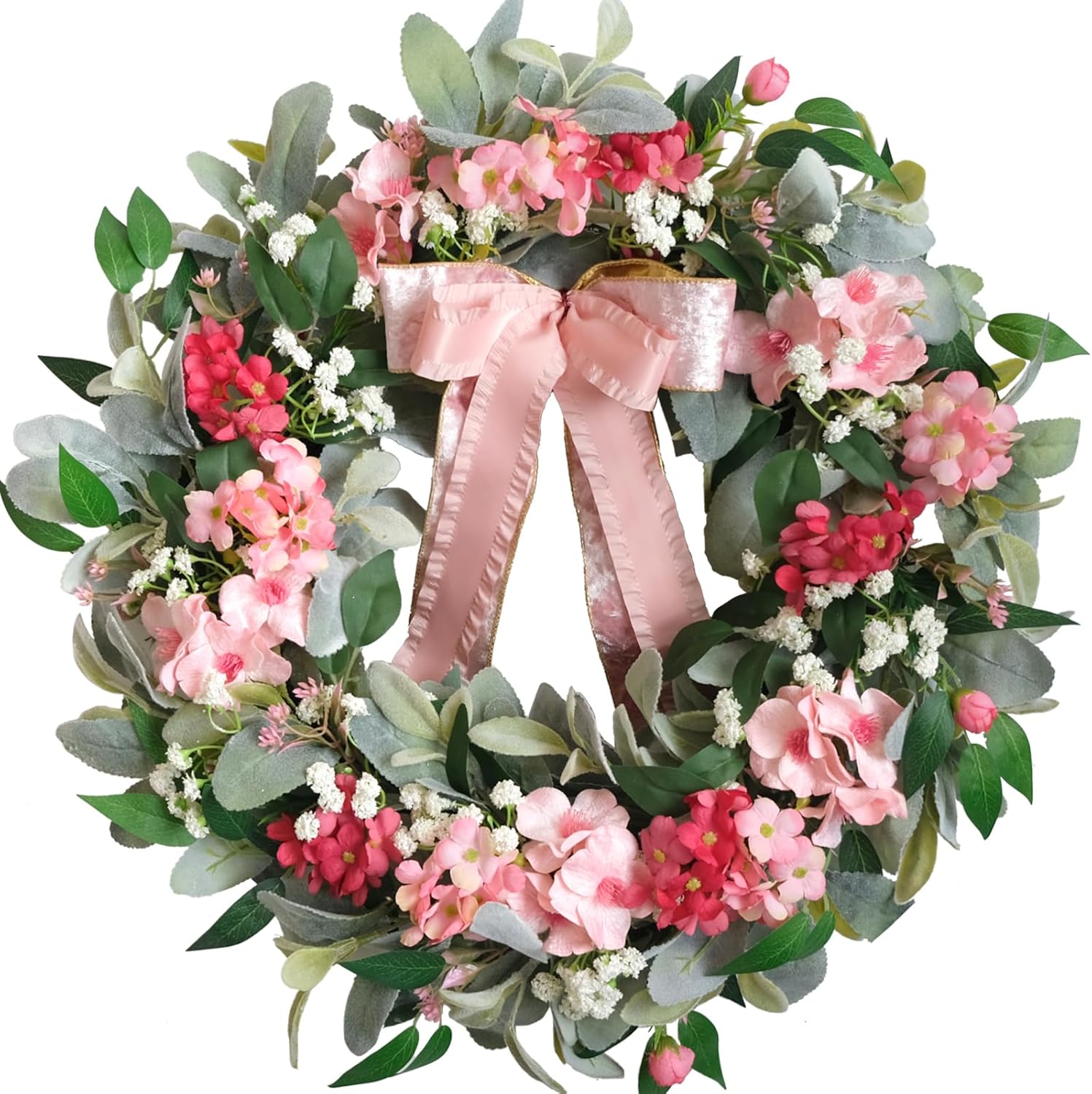 22 Inch Summer Wreath with Hydrangea and Lambs Leaves