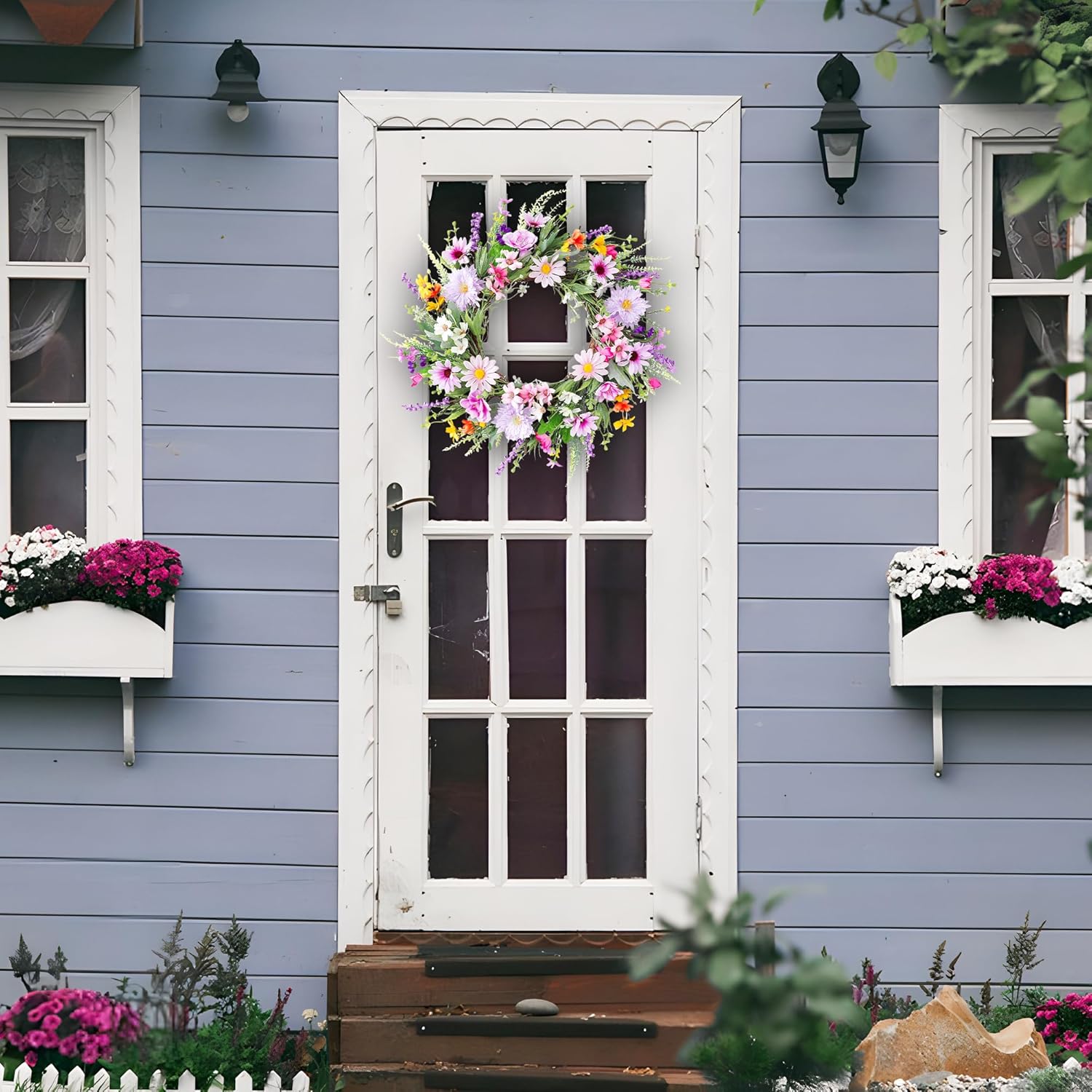 20 Inch Purple Wildflower Summer Wreath Front Door Decor
