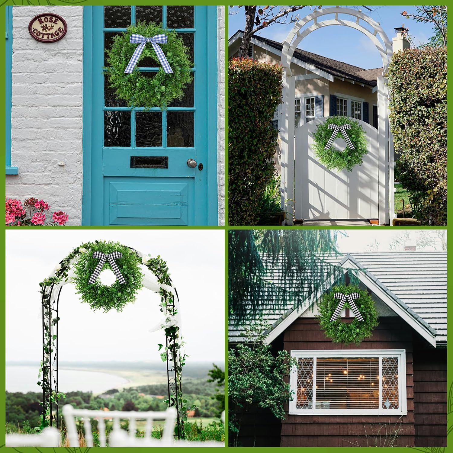 Artificial Boxwood Wreath with 3 Plaid Bows 24 Inch