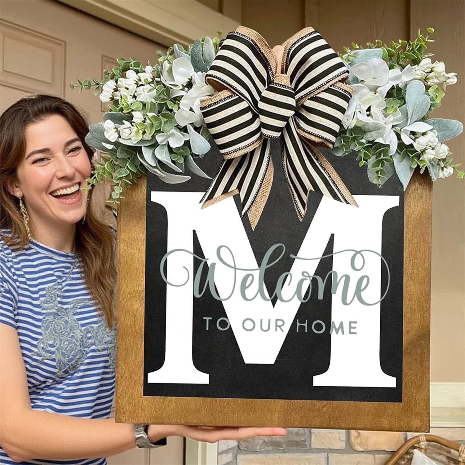 16 Inch Personalized M Letter Wooden Welcome Sign