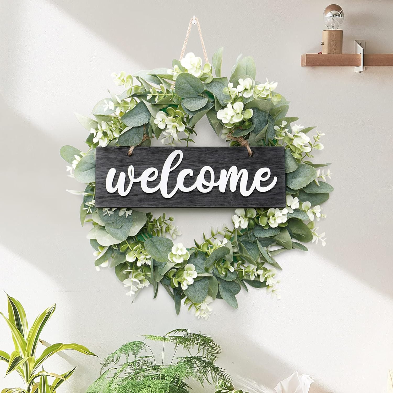 Dremisland 16 Inch Eucalyptus Wreath with Welcome Sign