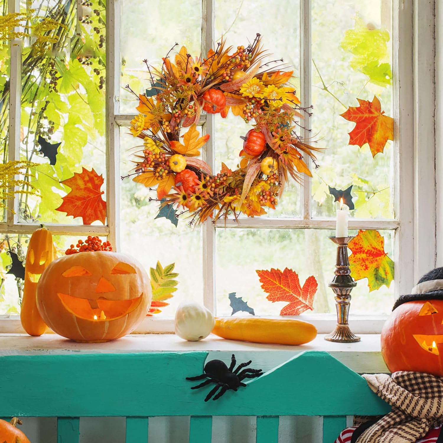 19 Inch Artificial Fall Wreath with Pumpkins and Maple Leaves