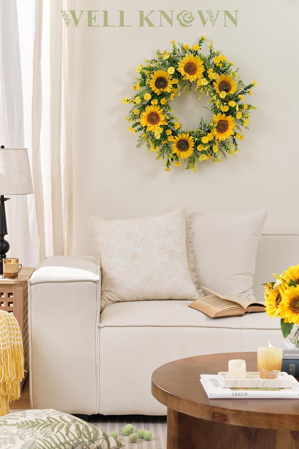 21 Inch Yellow Silk Sunflower Wreath for Front Door
